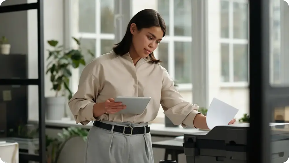 Woman in a beige shirt using a tablet and printer in a modern office.